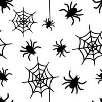 Seamless monochrome pattern with spiders hanging on web. vector