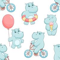 Seamless simple pattern with cute hippo with swimming circle, ice cream and balloon. Cartoon hippopotamus isolated on white background. Cute baby character vector