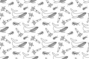 Hand drawn monochrome seamless pattern with outline whale, shrimp and squid on white background. vector