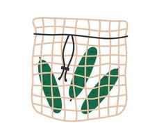 Hand drawn cute cartoon illustration of reusable shopping string bag. Flat grocery mesh bag, environment protection, pouch for vegetables, doodle style. Ecology sticker, icon or print. Isolated vector