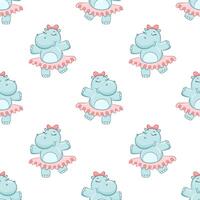 Seamless simple pattern with cute hippo dancer. Cartoon girl hippopotamus on white background. Cute baby character in tutu with bow vector