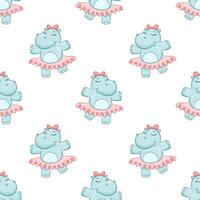 Seamless simple pattern with cute hippo dancer. Cartoon girl hippopotamus on white background. Cute baby character in tutu with bow vector