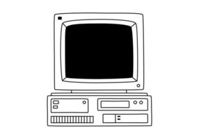 mano dibujado linda contorno ilustración de retro computadora. plano antiguo ordenador personal pegatina en línea Arte garabatear estilo. Clásico oficina o programador dispositivo icono o impresión. información tecnología. aislado. vector