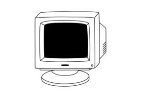 mano dibujado linda contorno ilustración de retro ordenador personal monitor. plano antiguo computadora pegatina en línea Arte garabatear estilo. Clásico oficina o programador dispositivo icono o impresión. información tecnología. aislado vector