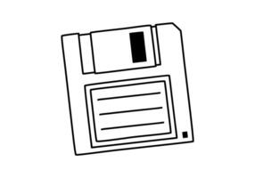 Hand drawn cute outline illustration of retro diskette. Flat old floppy disk sticker in simple line art doodle style. Disk for storing data icon or print. Save concept. Isolated. vector