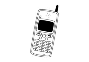 Hand drawn cute outline illustration of retro cell mobile phone. Flat old mobile telephone with antenna sticker in line art doodle style. Call device icon or print. Isolated on white background vector