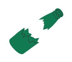 Hand drawn cute cartoon illustration of broken glass bottle. Flat fragments with sharp edges, environmental pollution design in colored doodle style. Ecology sticker, icon or print. Isolated. vector