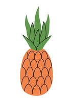 Hand drawn cute summer illustration of pineapple or ananas. Flat fresh fruit in simple colored doodle style. Tropical exotic raw food icon or print. Isolated on white background. vector