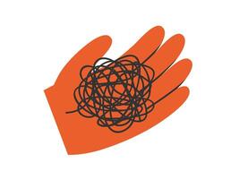 Hand drawn illustration palm with tangled threads. Flat share a problem, help with negative emotions, thoughts concept in doodle style. Find solution, answer sticker, icon or print. Isolated. vector