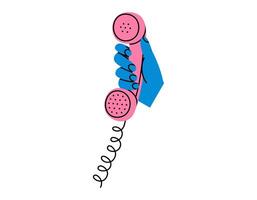 Hand drawn cute cartoon illustration of hand with retro telephone receiver. Flat old phone handset sticker in simple colored doodle style. Making a call icon or print. Isolated. vector