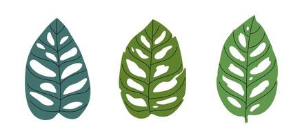 Hand drawn cute summer illustration monstera monkey mask leaves set. Flat botanical plant elements in simple colored doodle style. Tropical floral icon or print. Isolated on white background. vector