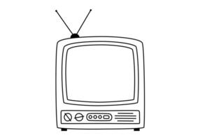 Hand drawn cute outline illustration of retro television. Flat old TV sticker in line art doodle style. Vintage broadcasting device for watching news or movies with antenna icon. Isolated. vector