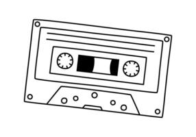 Hand drawn cute outline illustration of pink retro music cassette. Flat old audio tape sticker in simple line art doodle style. Sound record device icon or print. Isolated on white background. vector