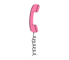 Hand drawn cute cartoon illustration of pink retro phone handset. Flat old telephone with dial sticker in simple colored doodle style. Call device icon or print. Isolated on white background. vector