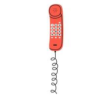 Hand drawn cute cartoon illustration of phone handset with buttons. Flat telephone receiver sticker in simple colored doodle style. Call device icon or print. Isolated on white background. vector