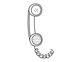 Hand drawn cute outline illustration of retro phone handset. Flat old telephone with dial sticker in simple line art doodle style. Call device line icon or print. Isolated on white background. vector