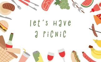 Picnic Party Banner. Summer Barbeque Frame with Basket, Food, Lemonade, Leisure. Outdoor Active rest background With Space for Text. Flat Cartoon illustration, Card, Border, Poster, Template. vector