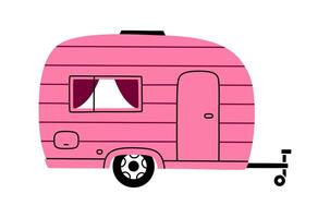 Hand drawn cute cartoon illustration camping trailer. Flat outdoor tourism car sticker in colored doodle style. Motor vehicle for campsite icon. Adventure, vacation. House on wheels. Isolated. vector