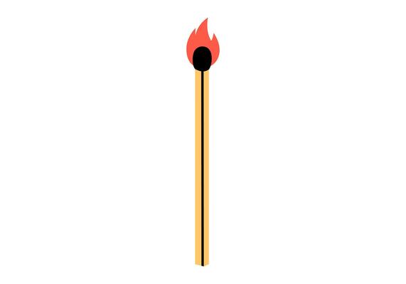 Hand drawn cute cartoon illustration of burning match. Flat outdoor fire equipment sticker in colored doodle style. Wooden stick in flame icon. Mental burnout. New idea or startup. Isolated.