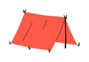 Hand drawn cute cartoon illustration of camping tarp. Flat outdoor tent shelter sticker in colored doodle style. Tourism canopy or awning icon with outline. Adventure, hiking. Isolated. vector