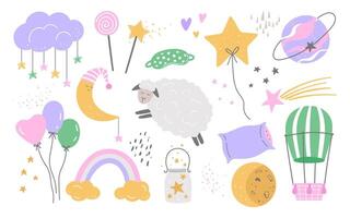 Cute sleeping elements in childish style. Hand drawn planet, moon, stars, sheep, rainbow, clouds, pillow in bright colors vector