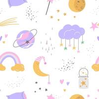 Cute sleeping elements seamless pattern. Design for fabric, home textile, cover, wrapping paper in hand drawn childish style vector