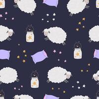 seamless pattern with sleeping lambs, pillow and stars on dark blue background vector