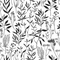 Hand drawn floral black and white seamless pattern. Different plant silhouettes on white background vector