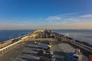 A dusk traffic jam on the highway at Tokyo bay area in Chiba wide shot photo