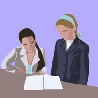 illustration of a teacher and a student. The teacher checks the completion of the task. vector