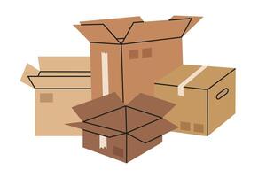 Cargo boxes. Hand drawn carton boxes, warehouse cardboard boxes stack. Open empty boxes flat illustration on white vector