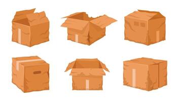 Damaged cardboard boxes. Crumpled, damaged delivery box, broken and wet carton shipping containers flat illustration set. Torn boxes on white vector