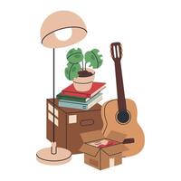 New home moving boxes. Cartoon moving stuff in boxes, cardboard boxes with clothes, books and floor lamp flat illustration. Moving concept on white vector