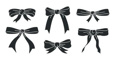 Bows silhouettes. Hand drawn black silk bows for holidays gift boxes, monochrome bows flat illustration set. Birthday gifts ribbon decorations on white vector