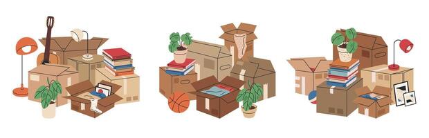 cartulina cajas con Moviente cosa. apilado carga Moviente cajas con ropa, maceta plantas y libros plano ilustración. nuevo hogar Moviente cajas en blanco vector