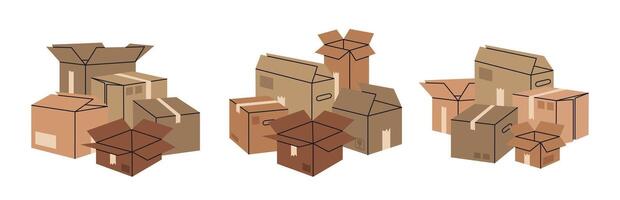 Cardboard boxes pile. Hand drawn stacked cargo boxes, warehouse packages flat illustration set. Moving or delivery concept vector