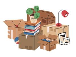 Cardboard boxes with moving stuff. Stacked cargo moving boxes with clothes, pot plants and books flat illustration. New home moving boxes on white vector