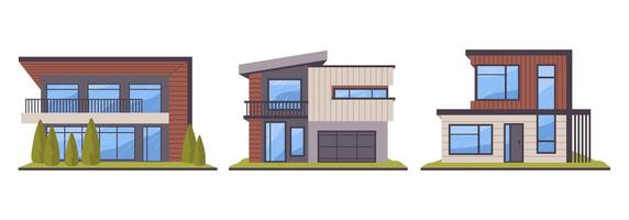 Modern villas architecture. Modern suburban residential buildings, real estate contemporary urban houses flat illustration set. Comfortable houses vector