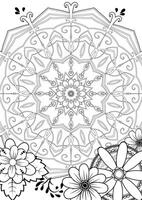 Circular openwork pattern surrounded by abstract colors. Simple outline pattern for coloring. Black outline of mandala and flowers on white background. vector