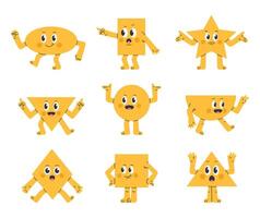geométrico cifras con gracioso caras. gracioso cómic geométrico formas, triángulo, estrella y circulo caracteres plano ilustración colocar. linda mascotas con varios emociones vector