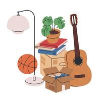 Home moving boxes. Cardboard box with personal stuff, stacked boxes with books, clothes and pot plant flat illustration. Moving boxes on white vector