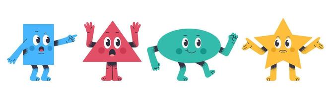 Cute geometric mascots. Funny comic shapes for math school learning, colorful figures, abstract characters with funny faces flat illustration set. Figures with different emotions vector