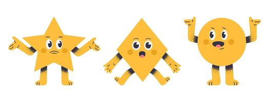 Cute geometric shapes. Comic rhombus, star and circle characters, geometric figures with funny faces flat illustration set. Funny mascots with different emotions vector