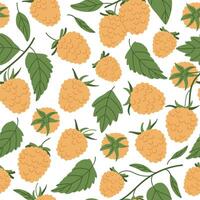 Yellow raspberries seamless pattern. Hand drawn raspberry endless design, fresh berry for healthy nutrition flat background illustration. Forest yellow raspberry pattern vector