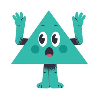 Comic triangle shape. Funny triangle character, geometric mascot with boggle emotion, cute triangle with funny face flat illustration. Comical geometric shape vector