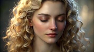 Portrait of beautiful tender curly blonde woman photo