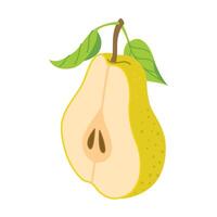 Sliced juicy pear cartoon style. Fresh pear with leaves. Modern flat illustration chopped pear, fruits, healthy eating. Isolated on white background. illustration vector