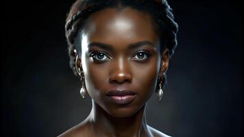 Portrait of beautiful young african woman over dark background photo