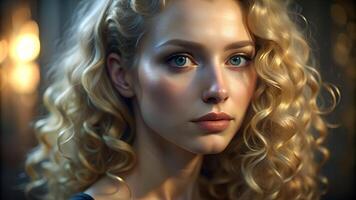 Portrait of beautiful tender curly blonde woman photo