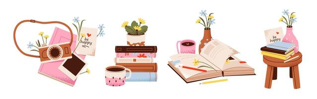 Stacks of books with flowers and a cup of tea or coffee. Cozy pastime. Flat illustration vector